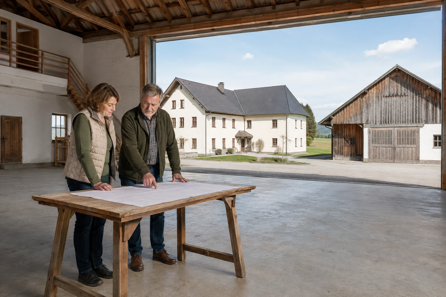 Eigentümerpaar bespricht die Gebäude einer österreichischen Agrarimmobilie