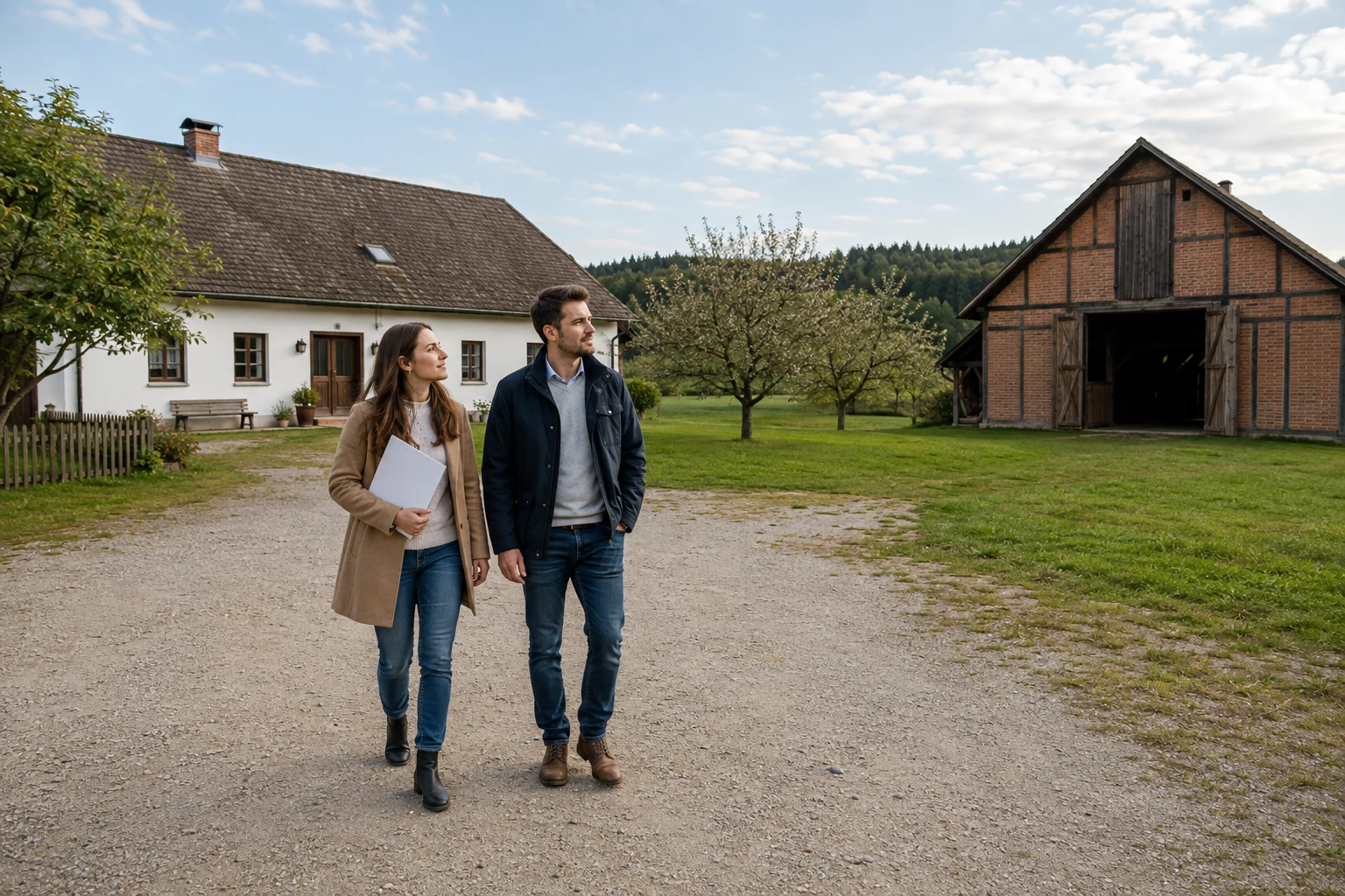 Kaufinteressenten besichtigen eine österreichische Hofstelle mit Wohnhaus und Scheune